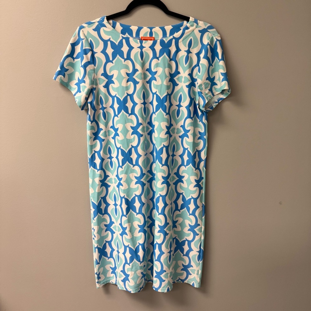 Jude Connally Ella Dress Size S Blue Turquoise White Short Sleeve Stretchy